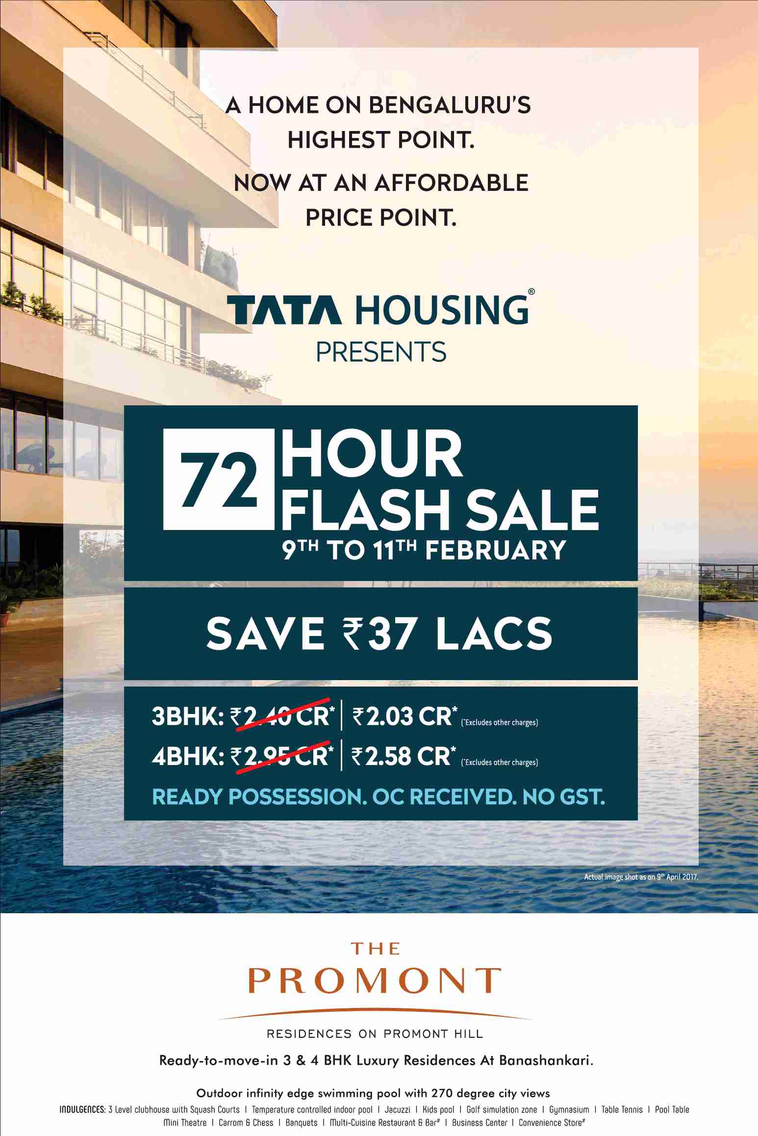 Reside in ready possession homes with no GST at Tata The Promont in Bangalore